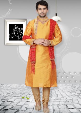 Yellow Dupion Silk Readymade Kurta Churidar