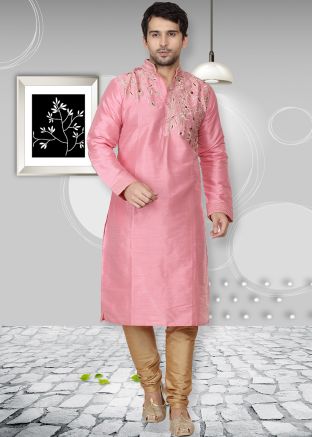 Pink Dupion Silk Readymade Kurta Churidar