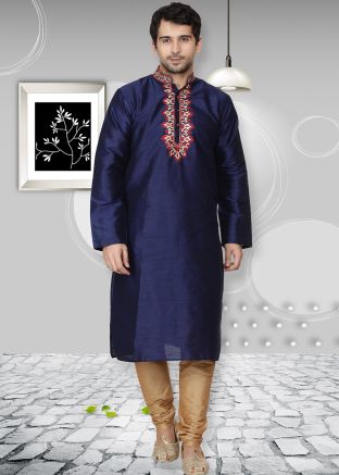 Navy Blue Dupion Silk Readymade Kurta Churidar