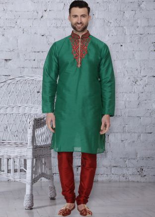 Green Dupion Silk Readymade Kurta Churidar