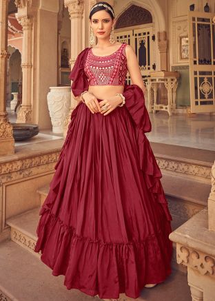 Maroon Tiered Contemporary Lehenga Choli In Chiffon