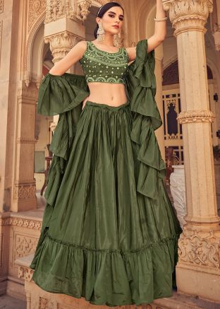 Green Tiered Contemporary Lehenga Choli In Chiffon