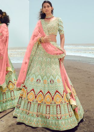 Green Embroidered Lehenga Choli In Georgette