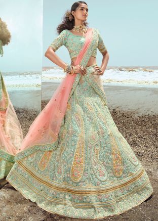 Turquoise Embroidered Lehenga Choli In Organza