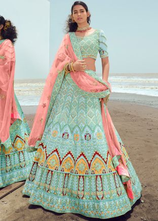 Turquoise Embroidered Classic Style Lehenga Choli