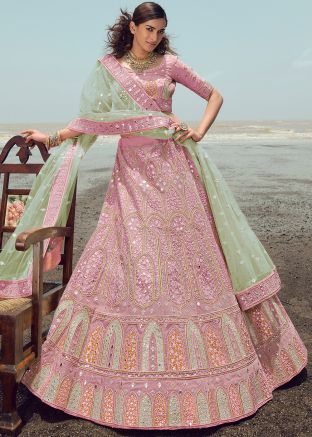 Pink Organza Lehenga Choli & Dupatta In Embroidery