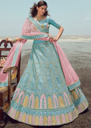 Turquoise Embroidered Lehenga Choli In Organza