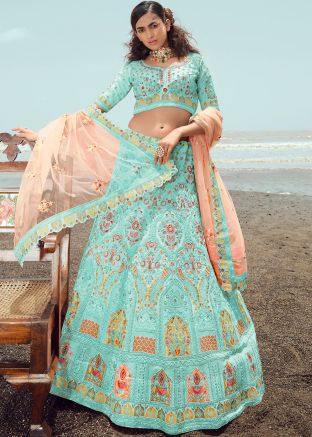 Turquoise Thread Embroidered Lehenga Choli