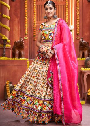 Cream Patola Printed Navratri Lehenga Choli