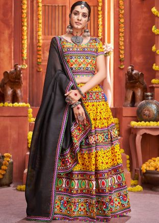 Yellow Printed Navratri Lehenga With Embroidered Choli