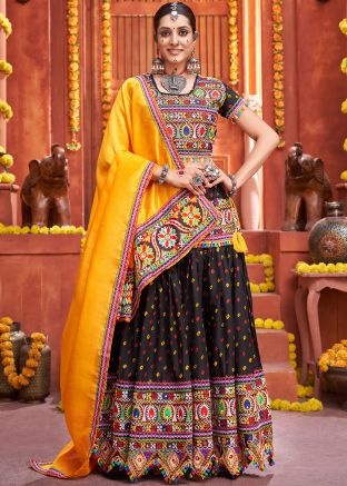 Black Bandhej Printed Navratri Lehenga Embroidered Choli