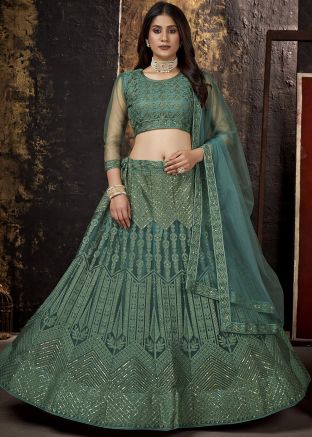 Green Net Embroidered Lehenga Choli