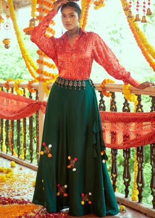 Green Readymade Embroidered Navratri Lehenga Set