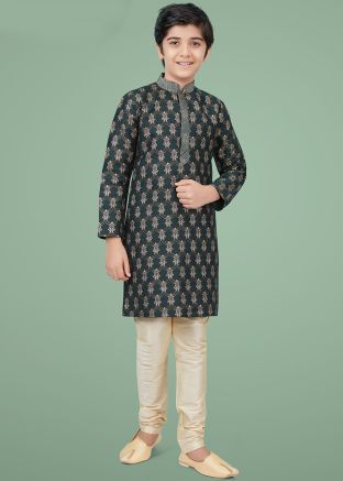 Kids Dark Green Woven Readymade Kurta Pyjama