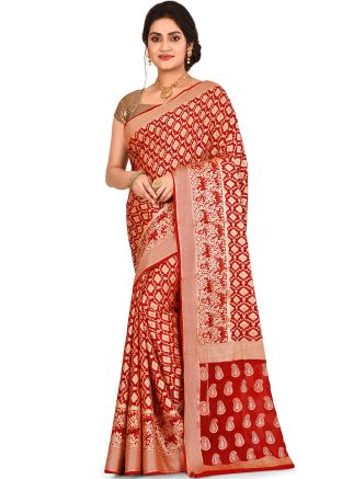 Red Pure Silk Woven Bridal Saree With Blouse