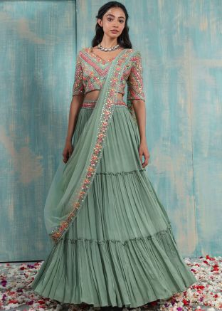Green Embroidered Chiffon Tiered Style Lehenga Choli