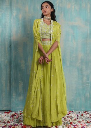 Green Embroidered Lehenga Choli With Cape Style Dupatta