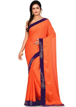 Orange Satin Stone Embellished Border Saree