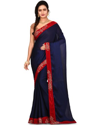 Navy Blue Satin Stone Embellished Border Saree