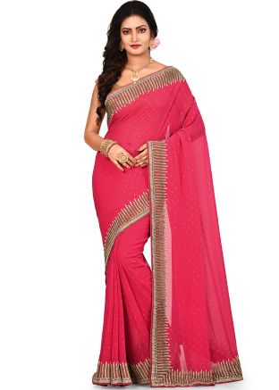 Pink Stone Embellished Heavy Border Saree