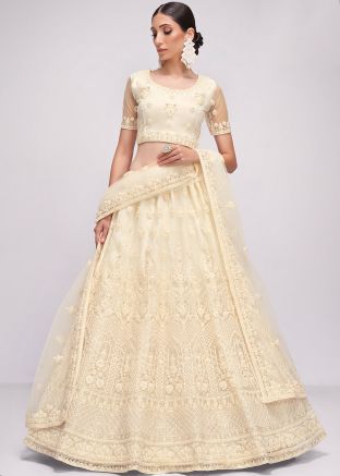 Off-White Thread Embroidered Net Lehenga Choli
