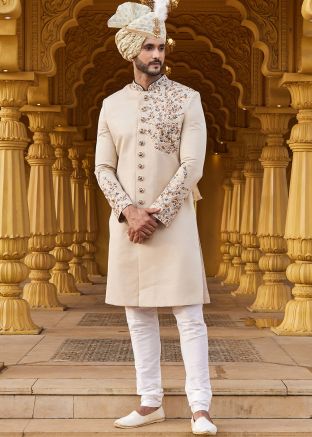 Cream Mens Embroidered Sherwani Set