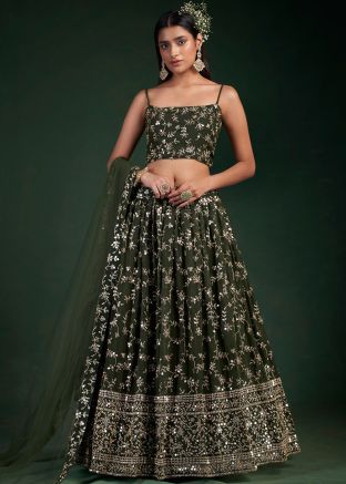 Green Georgette Lehenga Choli In Zari Embroidery
