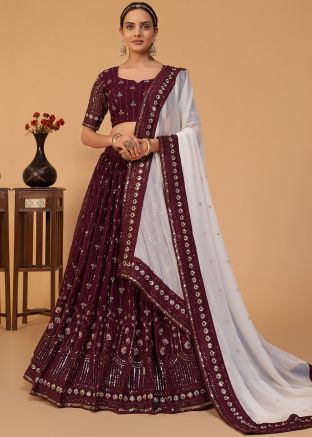 Maroon Embroidered Georgette Lehenga With Dupatta