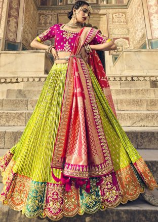 Green Embroidered Lehenga Choli In Art Silk