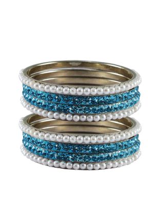 Stone Studded White and Blue Bangle Set