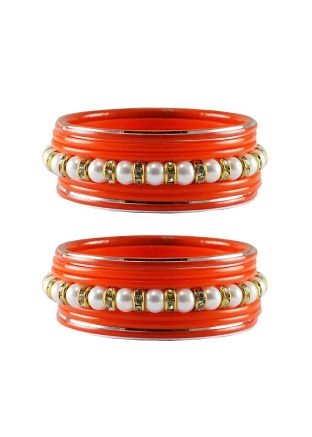Pearl Beaded Orange and White Bangle Set