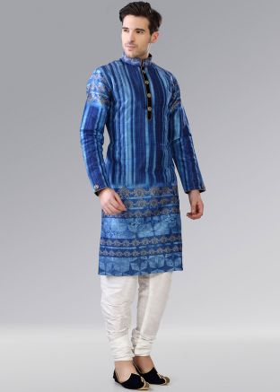 Readymade Blue Shaded Printed Kurta Breeches Set