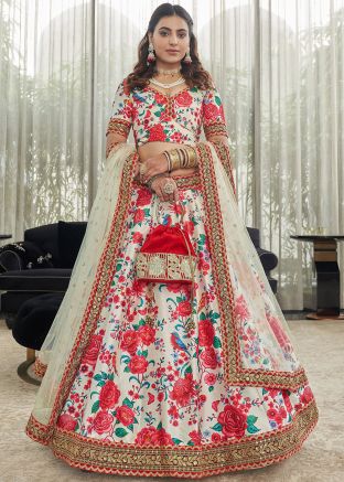 White & Red Floral Printed Lehenga Choli In Art Silk