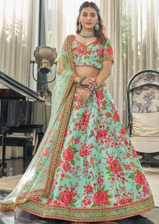 Turquoise Art Silk Lehenga & Choli With Floral Print Motifs