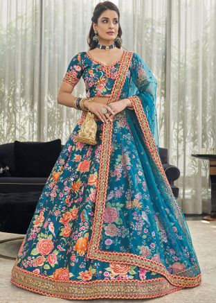 Blue Floral Print Lehenga Choli With Laced Dupatta