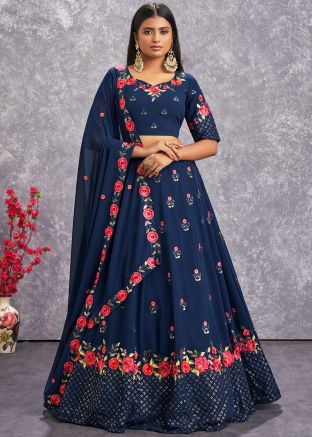 Navy Blue Floral Embroidered Lehenga Choli & Dupatta