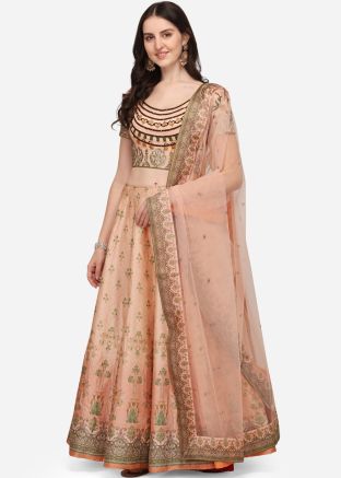 Peach Art Silk Lehenga Choli With Floral Print Motifs