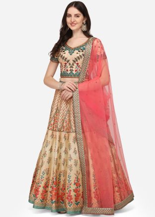 Cream Bridesmaid Floral Print Lehenga Choli With Dupatta