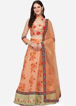 Peach Digital Floral Print Lehenga Choli & Dupatta