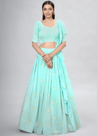 Turquoise Thread Embroidered Lehenga & Choli