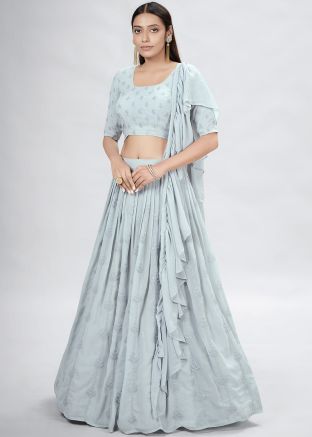 Grey Thread Embroidered Lehenga Choli With Ruffled Dupatta
