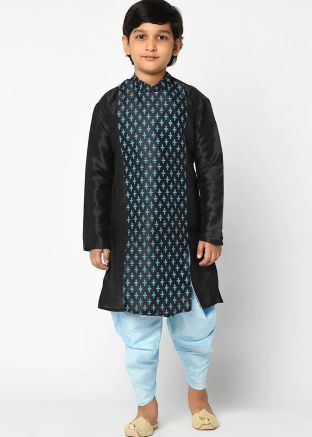 Readymade Black Printed Dhoti Kurta In Silk