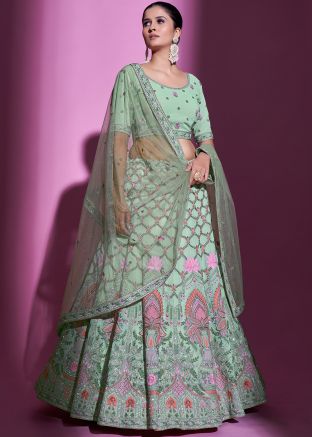Green Thread Embroidered Mehendi Lehenga & Choli
