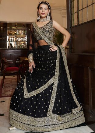 Black Sequinned Net Lehenga & Choli With Dupatta