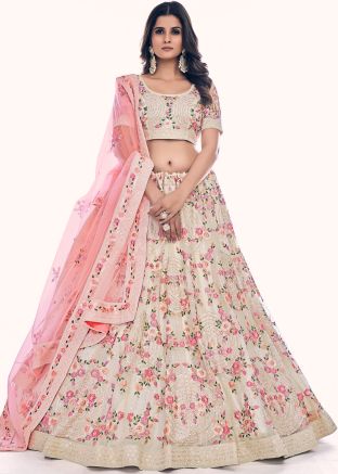 Cream Embroidered Lehenga Choli In Net