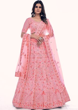 Peach Embroidered Lehenga Choli In Net