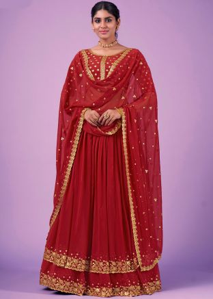 Red Embroidered Twin Layered Lehenga Choli & Dupatta