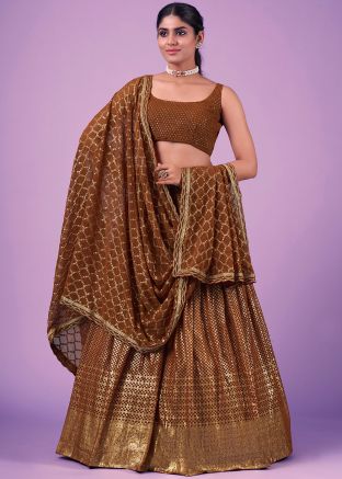 Brown Zari Embroidered Lehenga Choli & Dupatta
