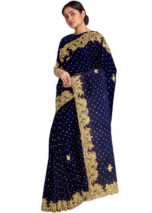 Blue Stone Embellished Heavy Border Saree
