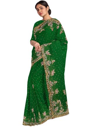 Green Heavy Border Stone Embellished Saree